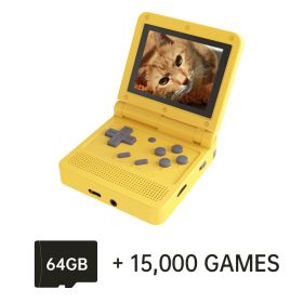 v90 Black Version 3-Inch IPS Screen Flip Handheld Console Open System Game Console 16 Simulators PS1 Children's gifts (Color: Yellow 64GB)